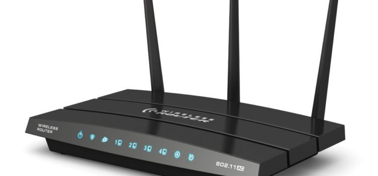 Creative abstract computer networking technology. A modern black broadband internet router switch modem isolated on white background.