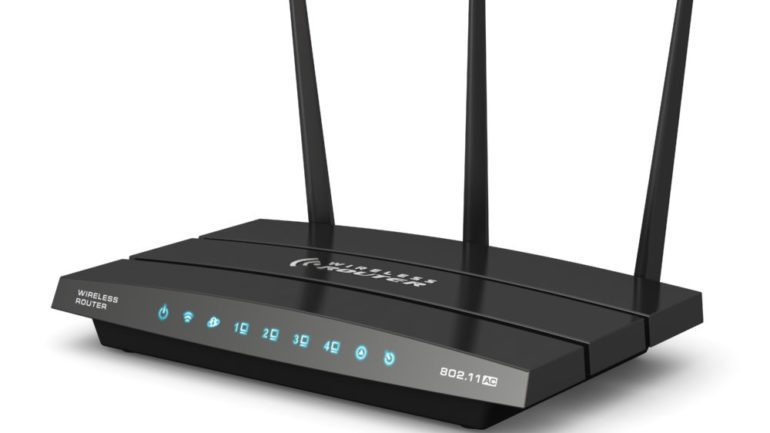 Creative abstract computer networking technology. A modern black broadband internet router switch modem isolated on white background.