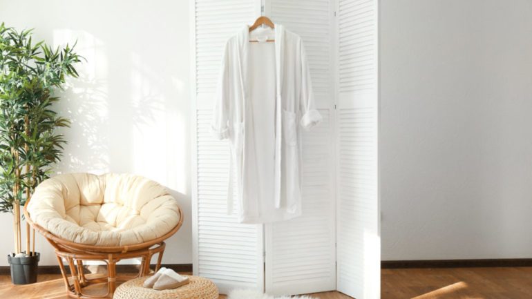 Light room interior with folding room dividers.