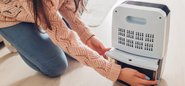 Woman changing water container of dehumidifier at home. Dampness in apartment can be removed with home dehumidifiers.