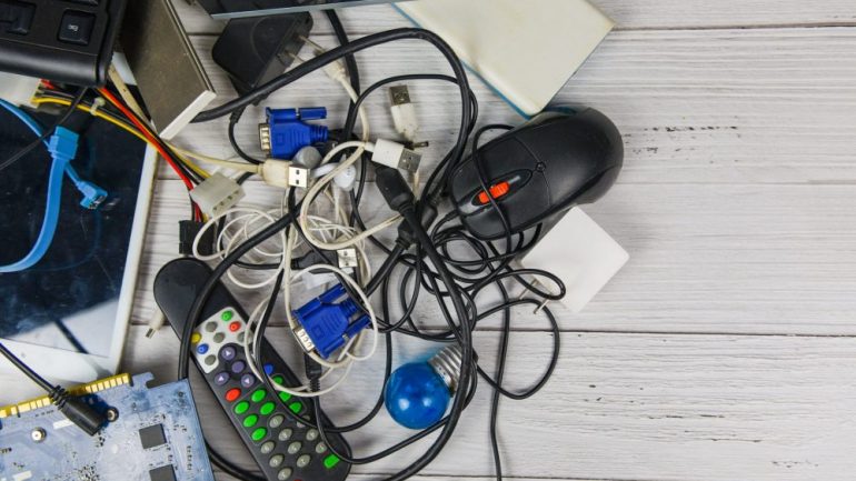 Donation dilemmas electronic waste concept. Garbage electrical waste ready for recycling.