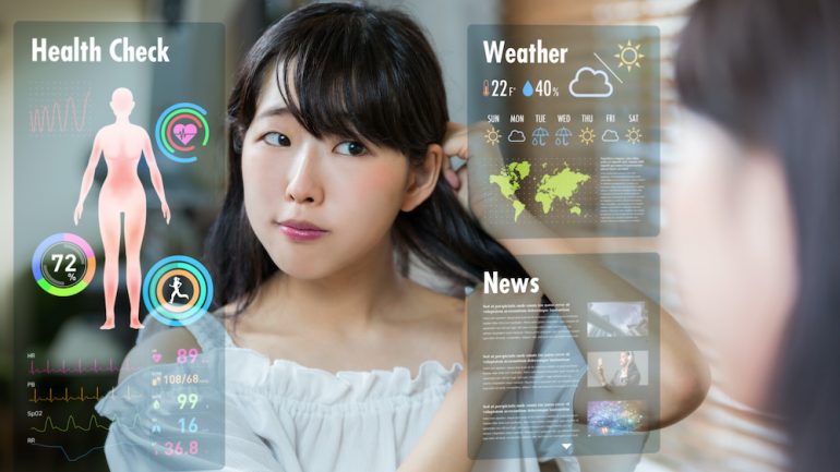 Smart mirror concept. Various information displayed on mirror screen to create space in the home.