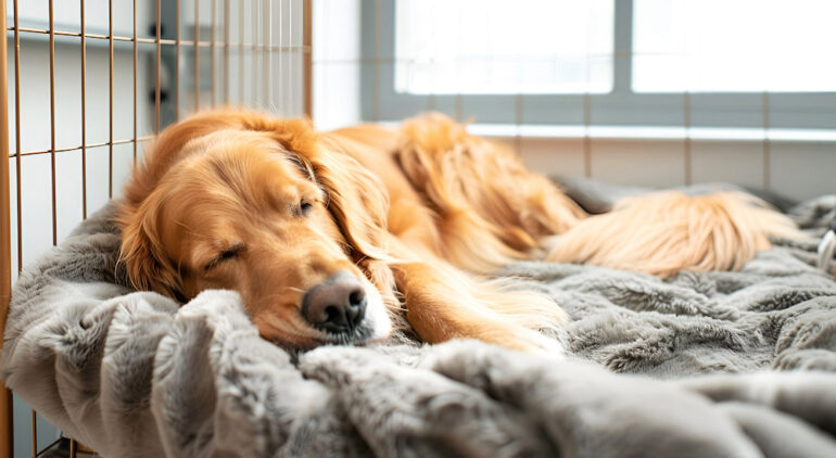 A dog relaxing on a blanket in a pet boarding facility.