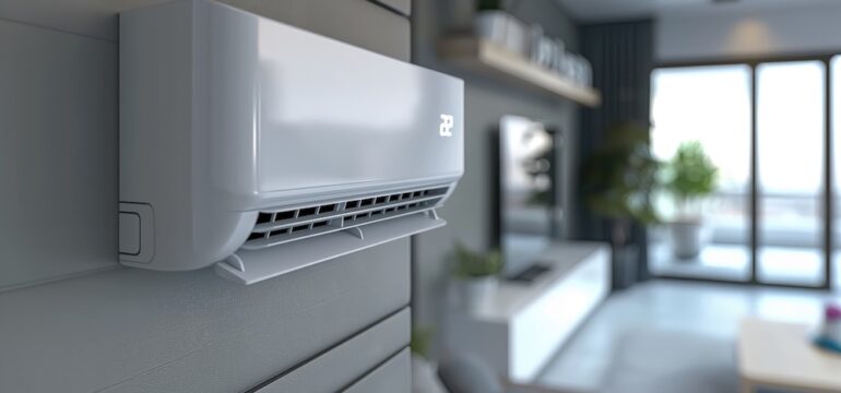 Closeup of a ductless air conditioner on the wall of a modern apartment.