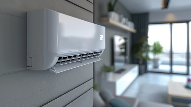 Closeup of a ductless air conditioner on the wall of a modern apartment.