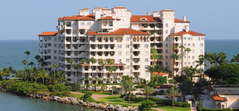 Modern waterfront building with time-share apartment units.