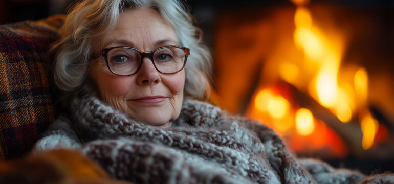 An older woman sits comfortably in a soft chair, wrapped in a knitted shawl, enjoying a cozy evening by the warm fireplace's glow, creating a tranquil winter ambiance. She is being kept warm by her home heating system.