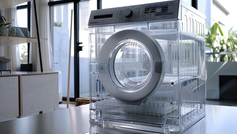 Modern energy-efficient washing machine with sleek design in a bright laundry room. Concept of checking the Energy Star label as a shopping guide.