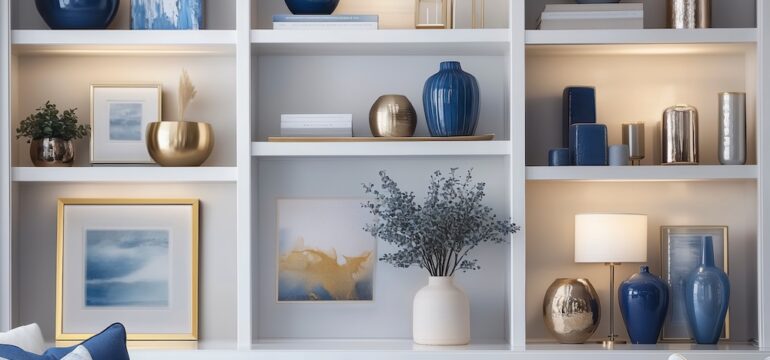 Example of home decorating style with beautiful blue modern home office wall shelving.