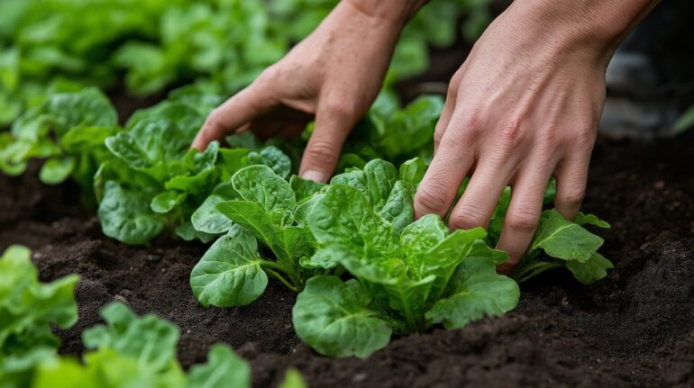 Gardening expertise in action: hands tending to lush green vegetables in a vibrant outdoor setting, perfect for home and community gardening inspiration.