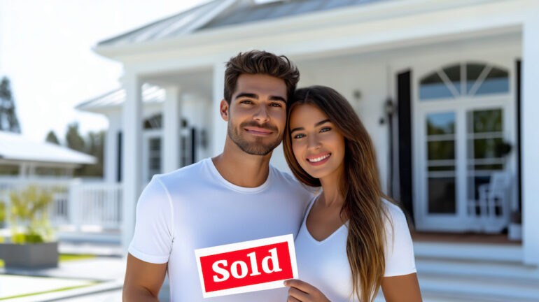A young couple smiling with a sold sign outside their house. Reasons to sell your home concept.