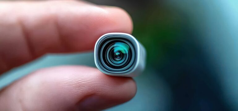 These types of hidden cameras may appear in a rental property—a photo of a lens held between fingers in a macro shot.