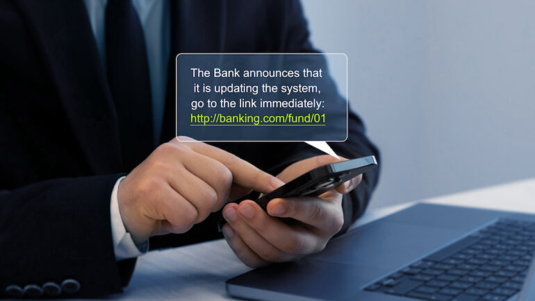 Bank fraud through phone messages. A businessman holding a phone with an impostor scams messages displayed.