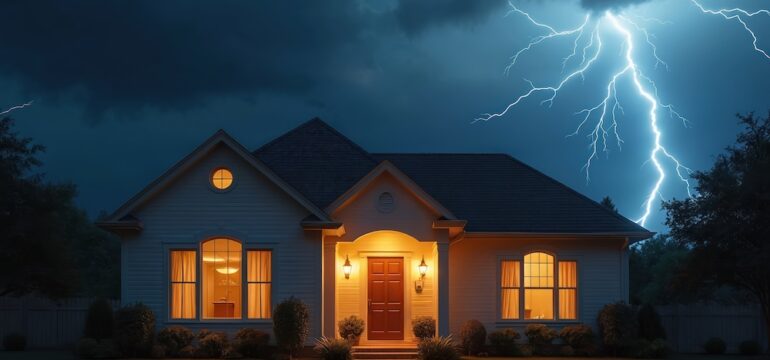 Dramatic lightning strikes near the house during a dark thunderstorm. Night scene of extreme weather with bright flashes illuminating the sky, home, and neighborhood to highlight the need for lightning rods.