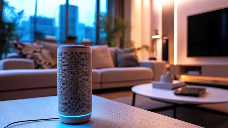 A smart device listening to voice commands in a modern living room.