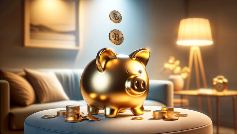 Photo of a gold piggy bank with coins to represent the idea of crypto-backed mortgages.