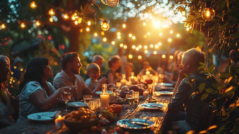 Guests around a table at an evening backyard party. Concept of renting your property for events and parties.