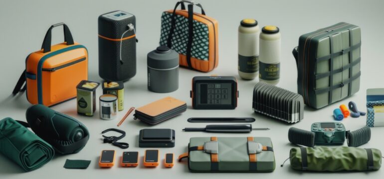 Tech devices for emergencies includes gadgets for an emergency kit. Photo displays tools, energy bars, and a radio, all arranged on a light gray backdrop in soft natural light.