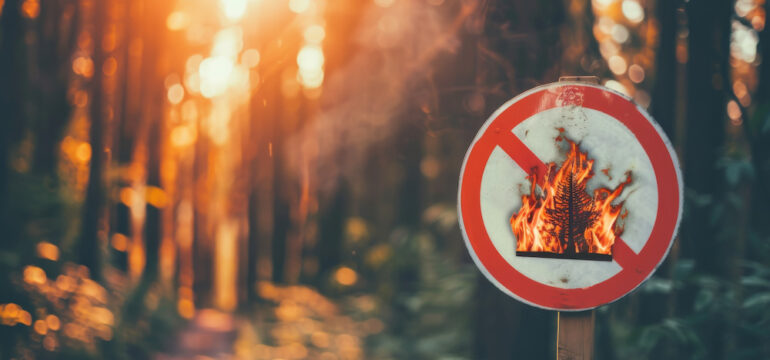 A burn ban sign prohibits fires in front of a forest burning during the summer heat.