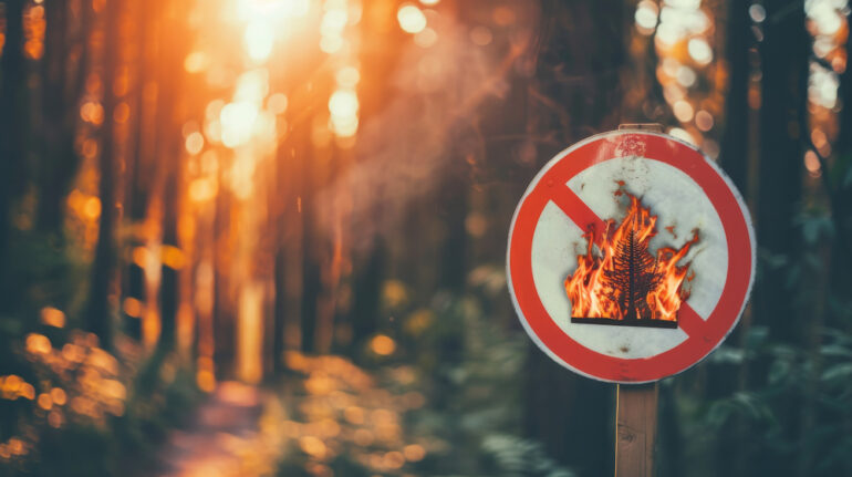 A burn ban sign prohibits fires in front of a forest burning during the summer heat.