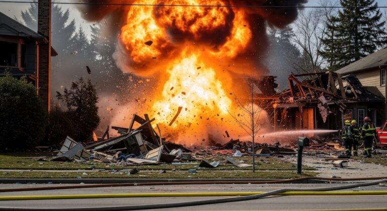 Image of a house explosion due to a gas leak.