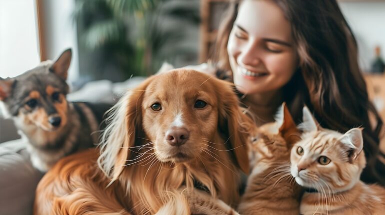 Friendly Pet Sitter Caring for Multiple Domestic Animals Including Dogs and Cats in a Client s Home Ensuring They Are Fed Walked and Happy.