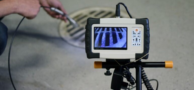 A home inspector using a borescope to view a shower drain.