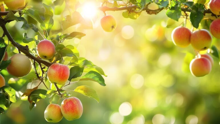 A photo of a fruit trees at home shows apple trees with branches covered in ripe apples. The bright sunlight adds warmth to the scene. The background is blurred with greenery and hints of sunlight shining through.