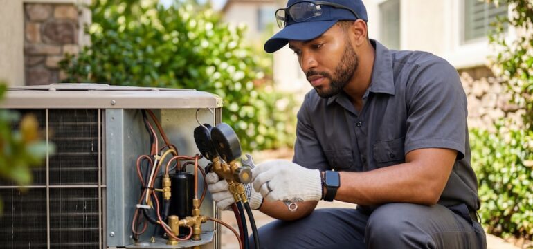 A male HVAC technician wearing a cap and gloves crouches down to make an HVAC system upgrade for a homeowner.