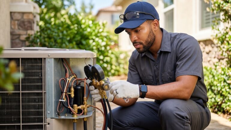 A male HVAC technician wearing a cap and gloves crouches down to make an HVAC system upgrade for a homeowner.