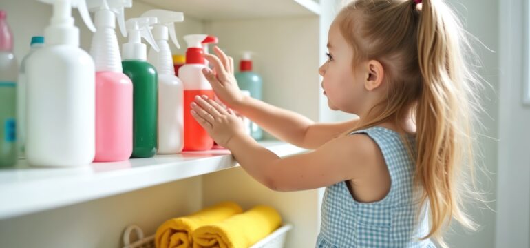 Small child reaches for cleaning bottles on a shelf. Curiosity leads little girl to hazardous household chemicals. Household chemical safety needed for small children.