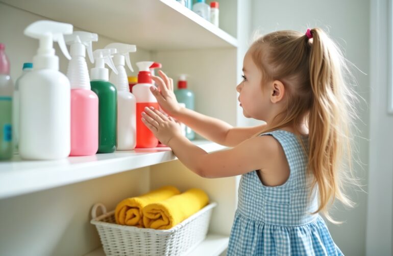 Small child reaches for cleaning bottles on a shelf. Curiosity leads little girl to hazardous household chemicals. Household chemical safety needed for small children.